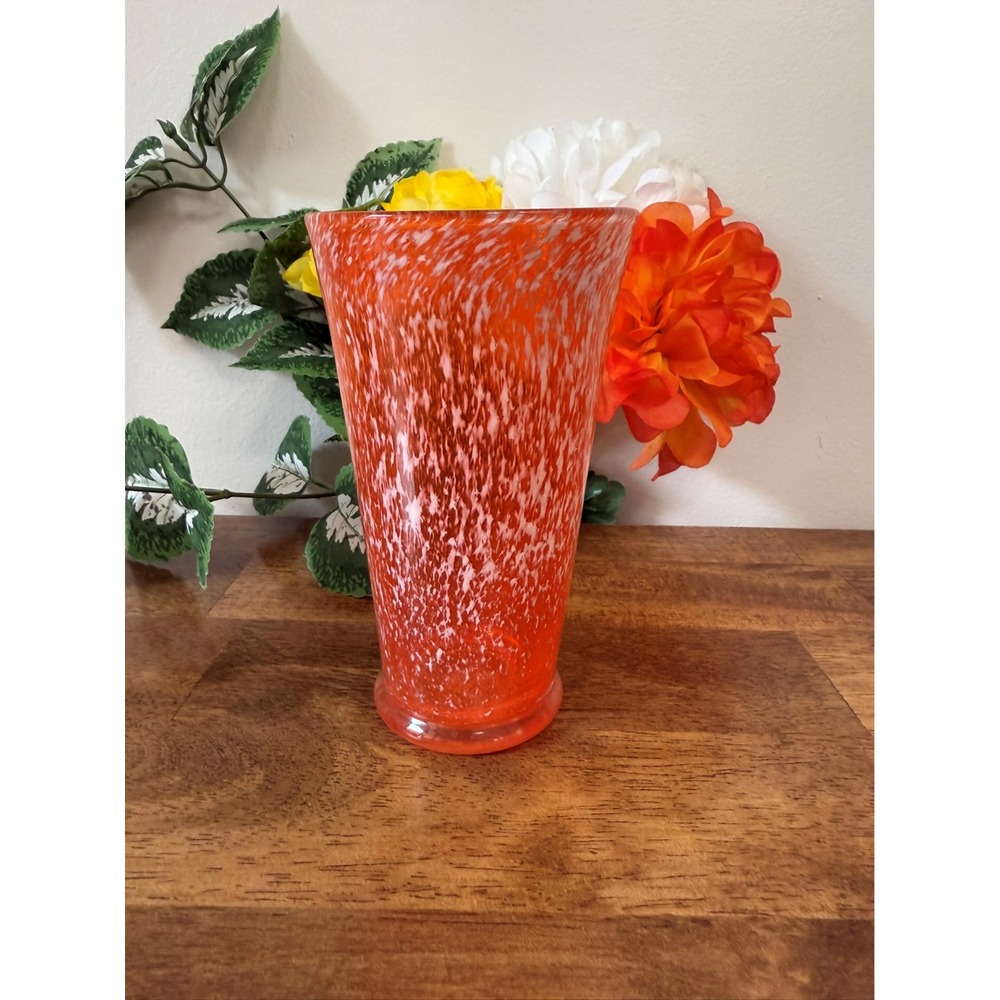 Murano Hand Blown Orange White Speckled Art Glass Vase MCM Italian Vintage